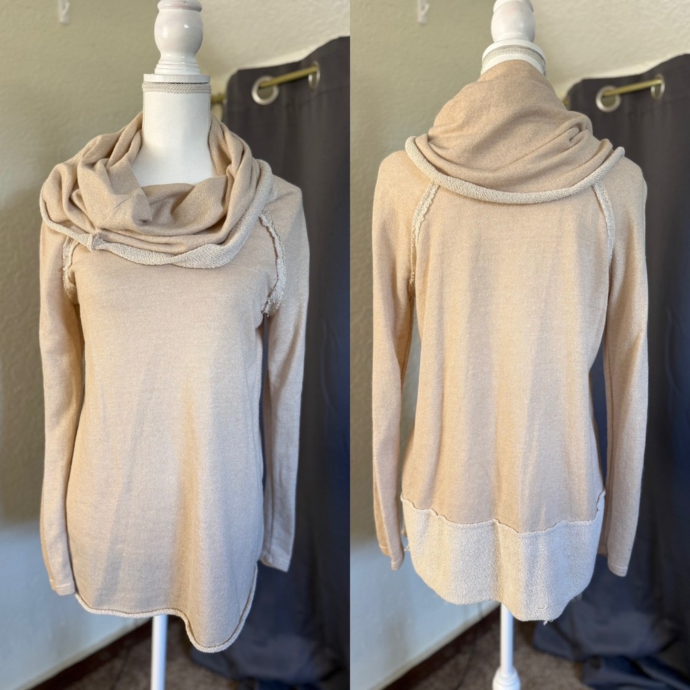 Basil Lola Cowl Neck Sweatshirt Tan Beige Raw‎ Edge Seam Small